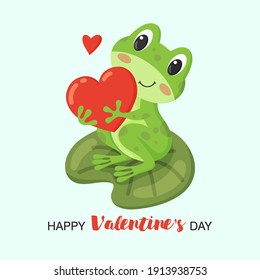 Cute Frog with red heart sits on a water lily leaf. Happy valentine's day. Vector illustration.