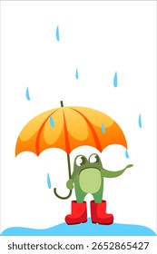 Um sapo bonito com botas de borracha vermelhas fica em uma poça, segurando um guarda-chuva grande. Pega uma gota de chuva com sua pata.