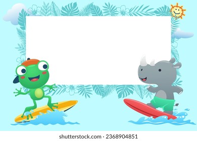 Cute frog and rhino surfing on wave. Summer elements with blank sign vector illustration