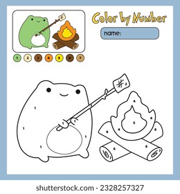 Cute frog roasting marshmallow at campfire, coloring page by numbers