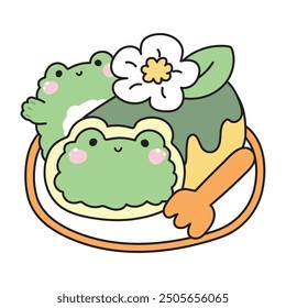 Cute frog roll cake flower on white background.Food,sweet,dessert,bakery hand drawn.Reptile animal character cartoon design.Kawaii.Vector.Illustration.