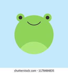 Cute frog round vector graphic icon. Green frog animal head, face illustration. Isolated on blue background.