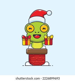 Cute frog with santa hat in the chimney. Cute christmas cartoon illustration. 