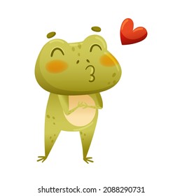 Cute frog sending love. Green toad character standing on its hind legs cartoon vector illustration