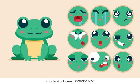 Rana dulce, conjunto de emociones animales, rana pequeña con la coloración del emoji, durmiendo, llorando, triste, aburrida, feliz, emocionada, adorable, sorprendida, descuidada, segura, aterrada, atónita, avatar del Vector Flat