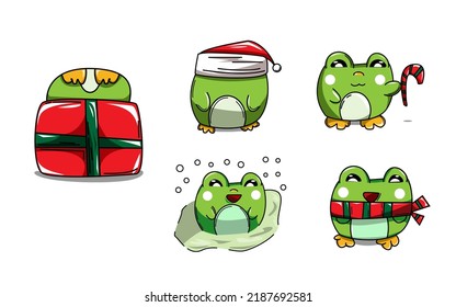 cute frog set, chibi mascot. Merry Christmas.