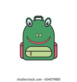 Cute frog shaped school bag in cartoon style. Vector backpack element for web and graphic design. Kid knapsack concept on white isolated background.