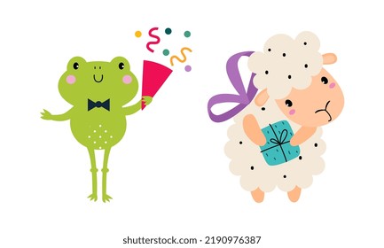 Cute Frog and Sheep Animal Congratulating with Birthday Holiday with Confetti and Gift Box Vector Set