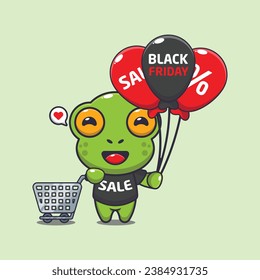 cute frog with shopping cart and balloon at black friday sale cartoon vector illustration