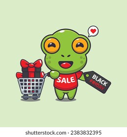 cute frog with shopping cart and discount coupon black friday sale cartoon vector illustration