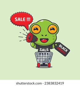 cute frog in shopping cart is promoting black friday sale with megaphone cartoon vector illustration