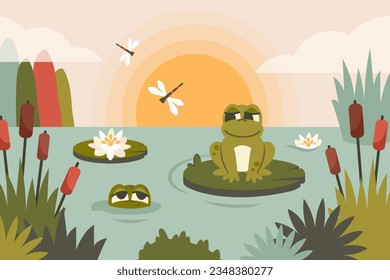 Cute Frog siiting on leaf in pond. Autumn landscape with Funny toads, foliage, reed, lotus, flying insects, wildlife. Cartoon character face. Clipart. Nature background. Vector flat illustration
