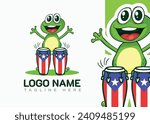 cute frog singing and play drum with american flag. cartoon animal vector illustration.
