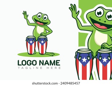 cute frog singing and play drum. cartoon animal vector illustration.