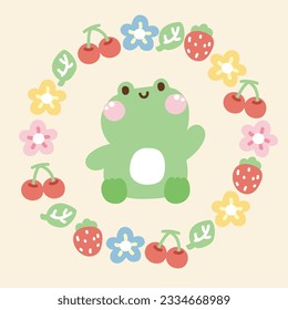 Cute frog sit in circle icon tiny frame cartoon hand drawn.Logo.Pastel color.Reptile animal.Cherry,leaf,flower,strawberry.Kawaii.Vector.Illustration.