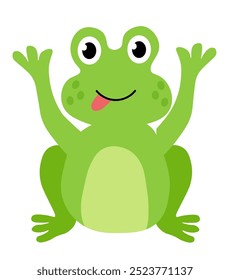 Cute frog sit and show tongue. Children Hand drawn vector flat illustration.
