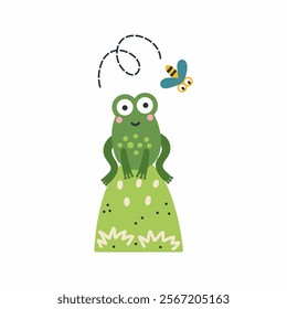 Cute frog sits and catches fly. Vector illustration for children in doodle style. Postcard design element.