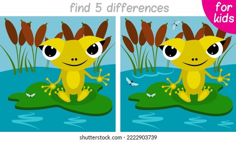 cute frog sits on a green leaf. Logic game for children. You need to find 5 differences. Printable page for children's book or game. Development of counting and attention skills.