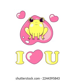 Cute Frog Sits on a Heart Shaped Leaf Character for Day of Valentine Declaration of Love Text I Love You