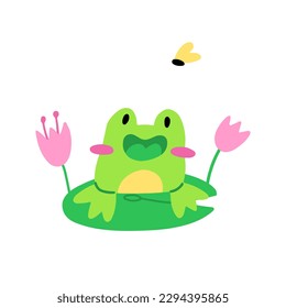A cute frog sits on a lily pad and looks at a fly. 
Vector children's naive hand-drawn illustration. Isolated on a white background.