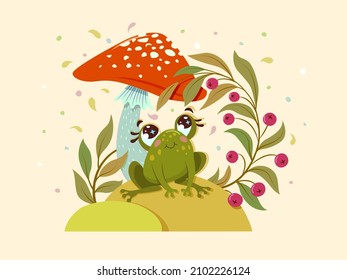 A cute frog sits under an amanita mushroom and looks at a sprig of cranberries. Vector illustration.