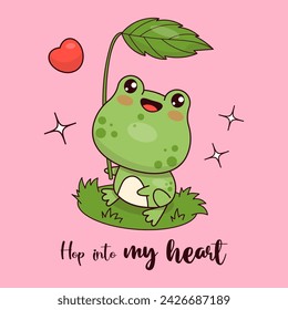 Cute frog sits under green leaf. Funny animal kawaii character. Vector illustration. Cool card with slogan. Kids collection