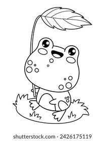 Cute frog sits under leaf. Funny outline animal kawaii character. Line drawing, coloring book. Vector illustration. Kids collection