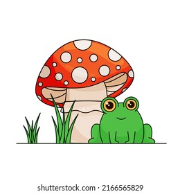 A cute frog is sitting next to mushroom fly agaric white background in flat style  Children's vector illustration