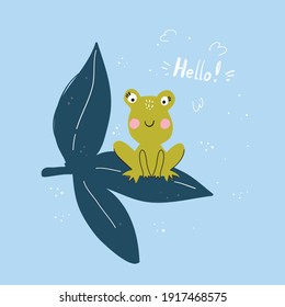 Cute frog sitting on the leaf. Vector  illustration.