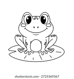 Linda rana sentada en la hoja de lirio de agua. Ilustración vectorial en blanco y negro para niños libro para colorear