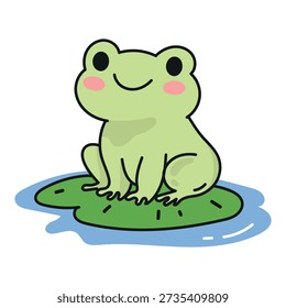 Cute Frog Sitting on Lily Pad, Hand Drawn Illustration. Hand drawn illustration of a cute frog sitting on a lily pad. Simple cartoon amphibian character, perfect for children projects and nature themes.