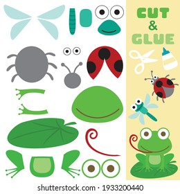 Cute frog sitting on lotus leaf with dragonfly and ladybird. Education paper game for children. Cutout and gluing. Vector cartoon illustration