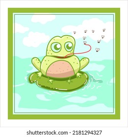 süßer Frosch sitzend auf Lotusblatt im Teich. Eine Illustration von Kindern mit ihrer Fantasie. Geeignet für Kinderzimmerdekoration, Wandplakate usw.