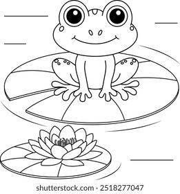 Cute frog sitting on the lotus leaf cartoon outline coloring page for kids 