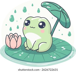 Cute Frog Sitting on Lotus Leaf in the Rain - Flat Vector Illustration