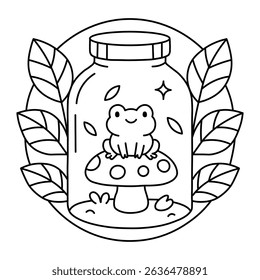 Cute Frog Sitting on Mushroom in Glass Jar with Leaves - Line Art Illustration