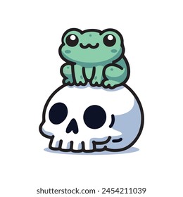 cute frog sitting on a skull vector illustration template design. kawaii frog cartoon character