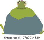 Cute frog sitting on top of a rock in simple pastel cartoon illustration style.