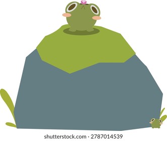 Cute frog sitting on top of a rock in simple pastel cartoon illustration style.