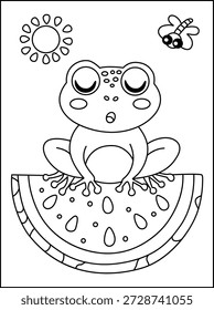 Cute Frog Sitting on a Watermelon Slice Coloring Page
