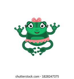 A cute frog is sitting in a pink skirt. Vector illustration.