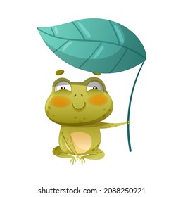 Cute frog sitting under the lotus leaf. Green funny toad character d cartoon vector illustration