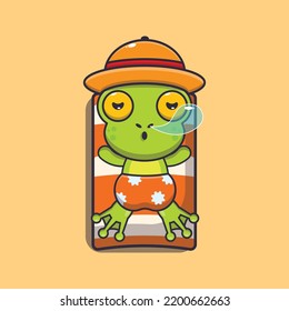 Cute frog sleep on beach cartoon illustration.