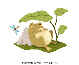 Cute frog sleeping under leaf. Funny lazy froggy asleep in nature. Sleepy animal relaxing, dreaming, lying on grass. Sweet toad relaxation. Kids flat vector illustration isolated on white background