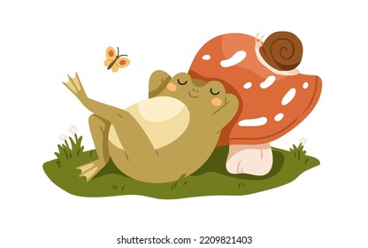 Cute frog sleeping under mushroom. Funny sleepy froggy asleep in nature. Adorable amphibian dreaming, lying on grass. Sweet happy toad relaxing. Flat vector illustration isolated on white background