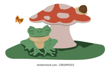 Rana dulce durmiendo bajo hongos. Divertido dormido en la naturaleza. Adorables anfibios soñando, tendidos sobre el césped. Dulce y feliz sapo relajante. Ilustración vectorial plana aislada en fondo blanco