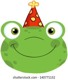 Cute Frog Smiling Head With Birthday Hat. Vector Illustration