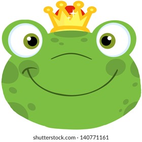 Cute Frog Smiling Head With Crown. Vector Illustration