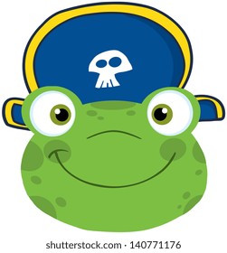 Cute Frog Smiling Head With Pirate Hat. Vector Illustration