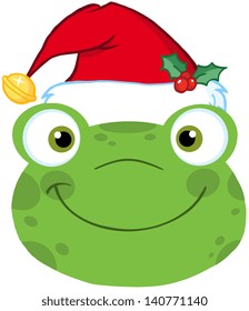Cute Frog Smiling Head With Santa Hat. Vector Illustration